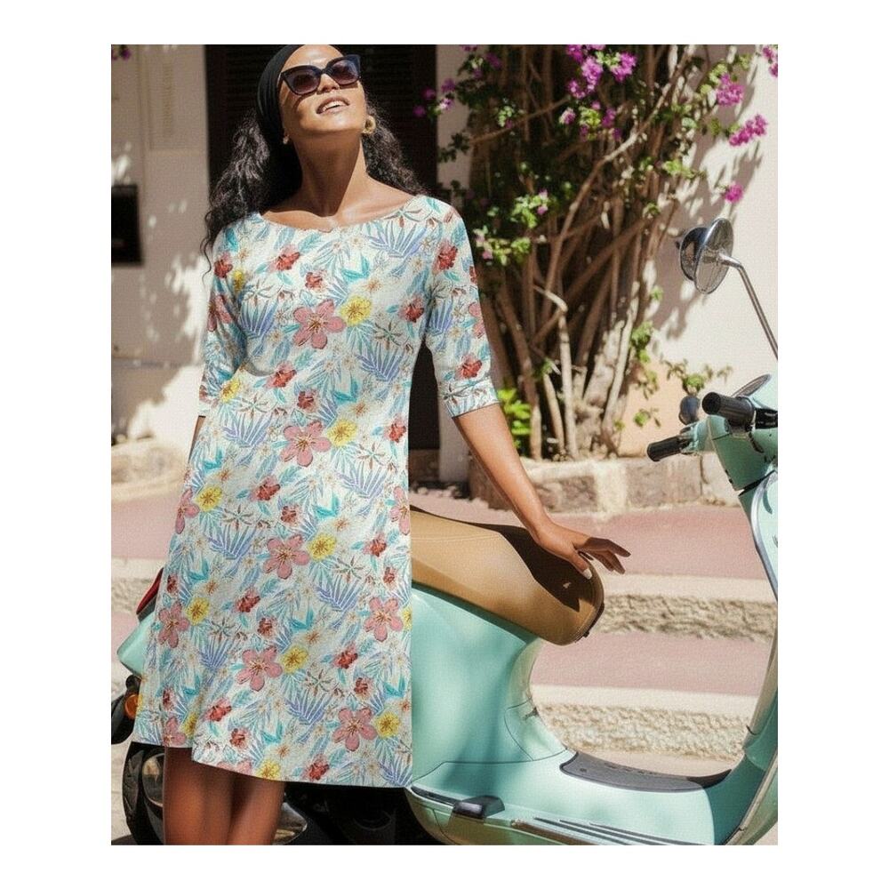 SAINT JAMES Angouleme Stretch Knit A-Line Dress Size 12 Tropical Floral Print